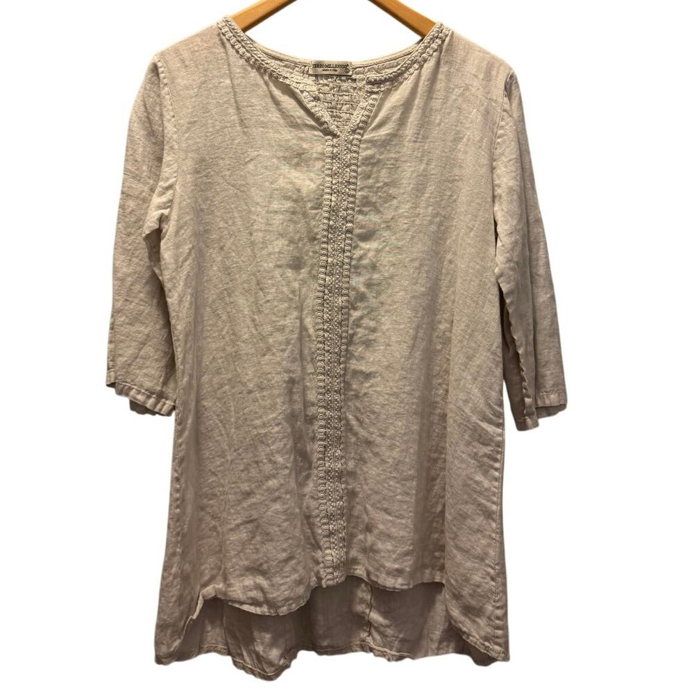 Terzo Millenio Women's Tunic Blouse Beige Linen Embroidered  High Low Tops Large